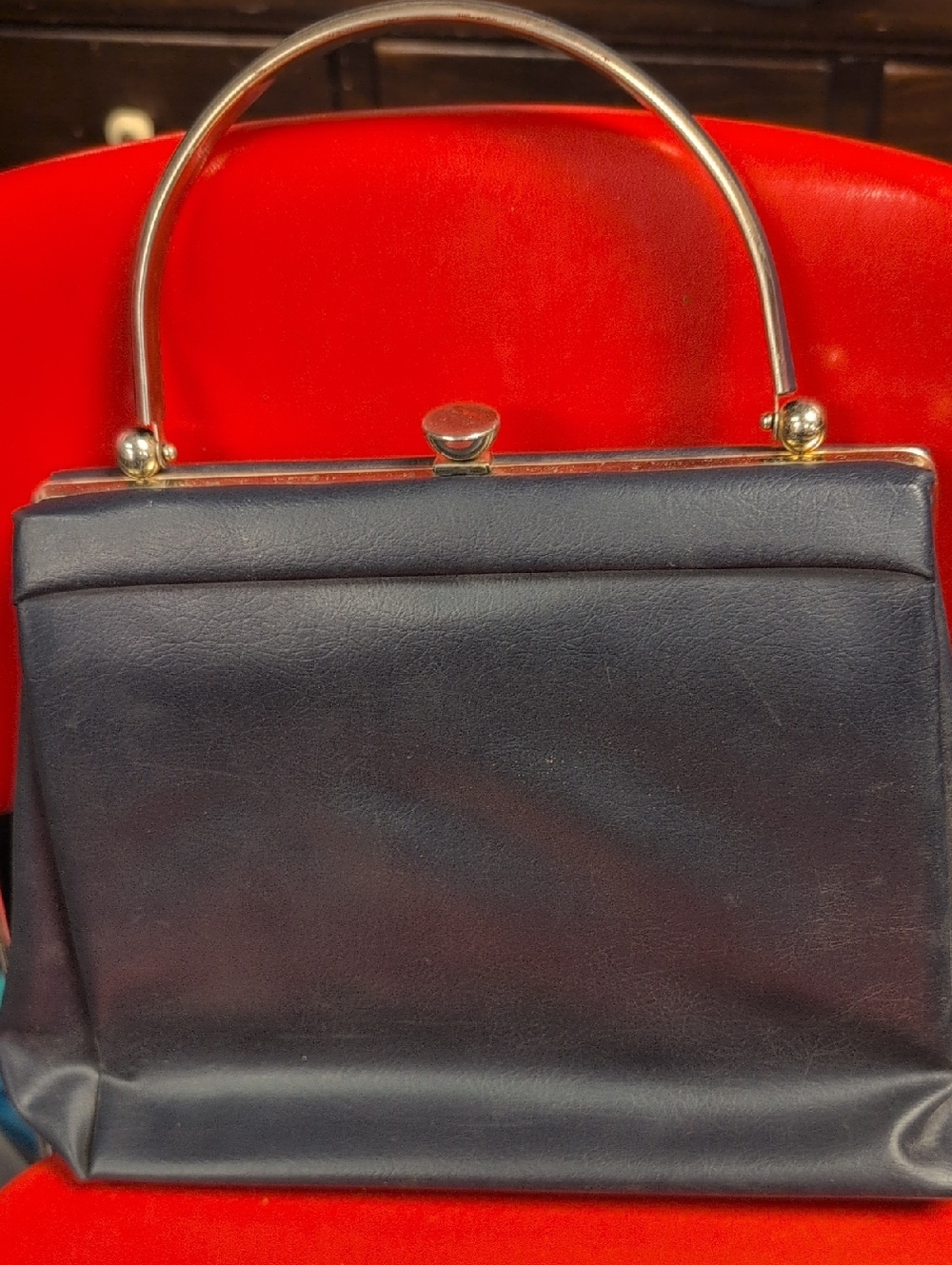 Vintage Classic Navy Frame-Top Clutch with Gold Handle